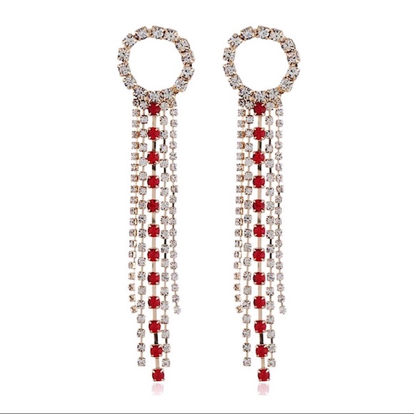 Earrings Long Drop Red Clear Crystals Silver Tone - Picture 5 of 6